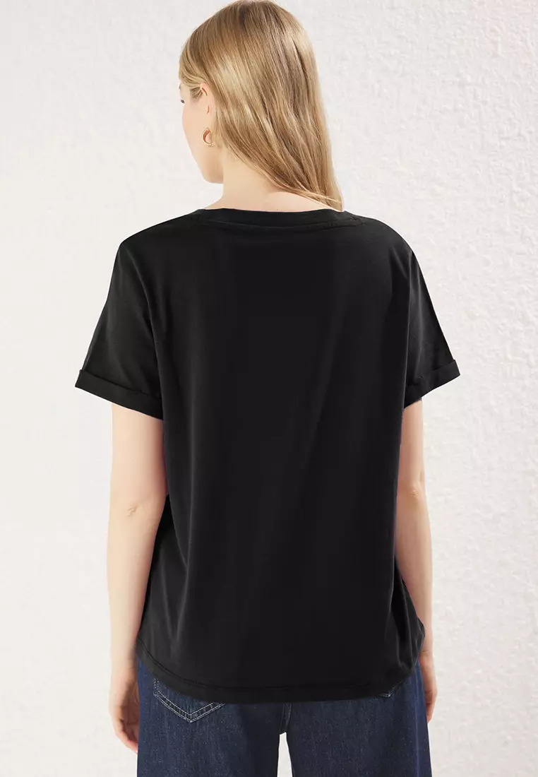 Black V Neck Short Sleeve Regular/Basic Knitted T-Shirt