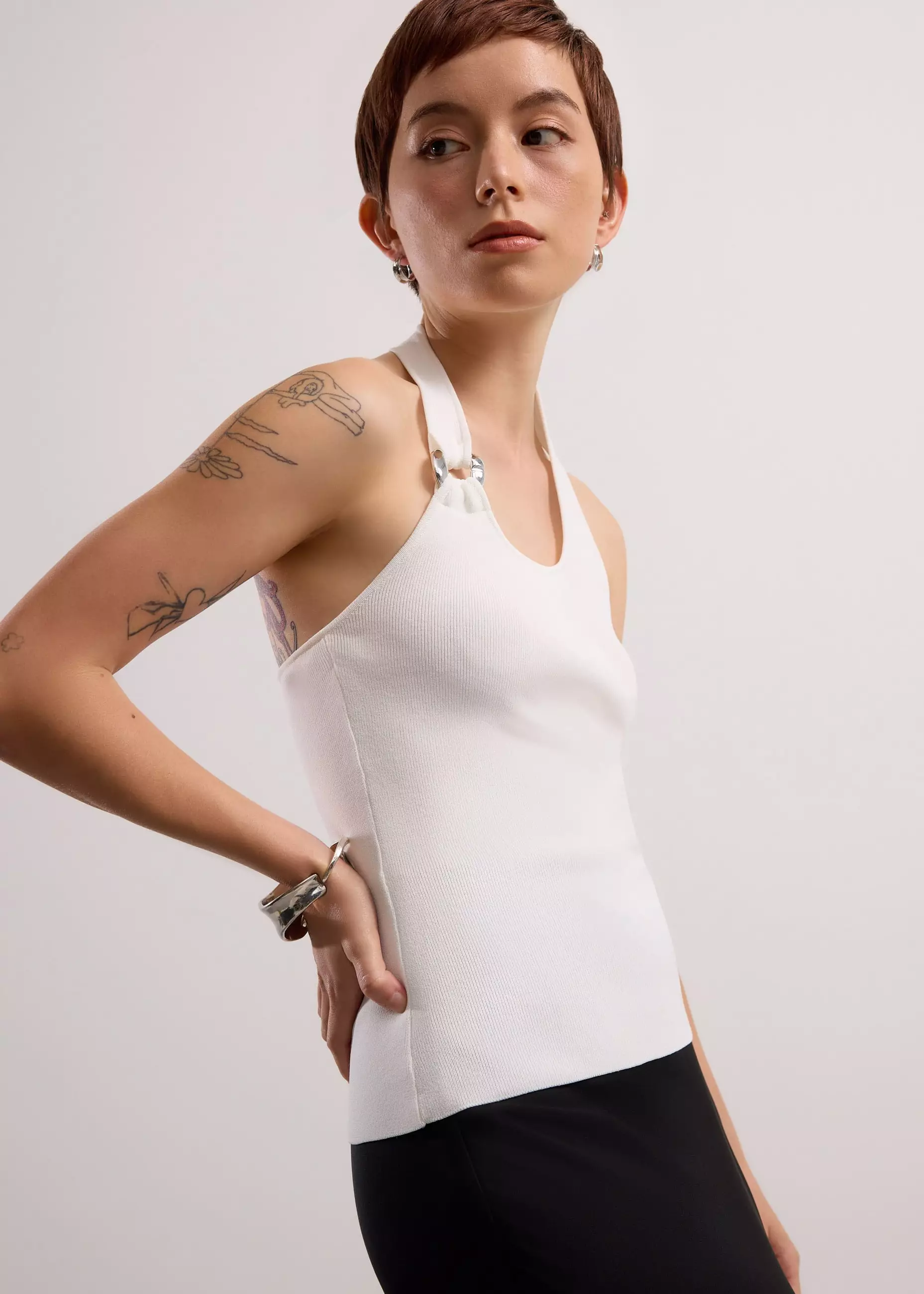 Atasan Wanita - Buckle Detail Knit Halter Fitted Top