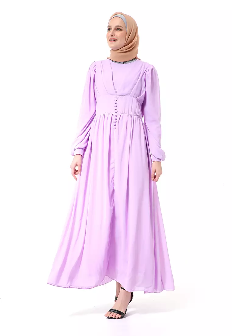 Khansa Long Dress Muslimah Atasan Wanita Long Sleeve Motif Polos High Quality - Ungu Muda