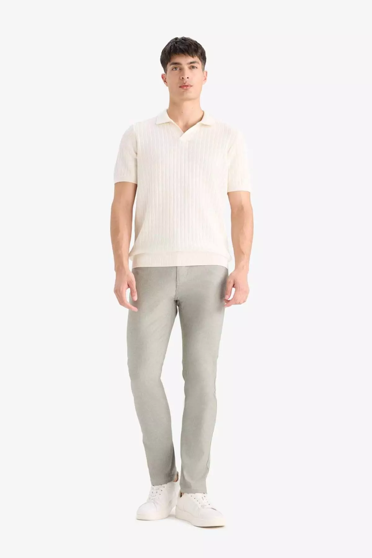 夏季卡其布帆布紋理長褲 修身剪裁 修身剪裁 口袋 窄管 T1055Az25Sp