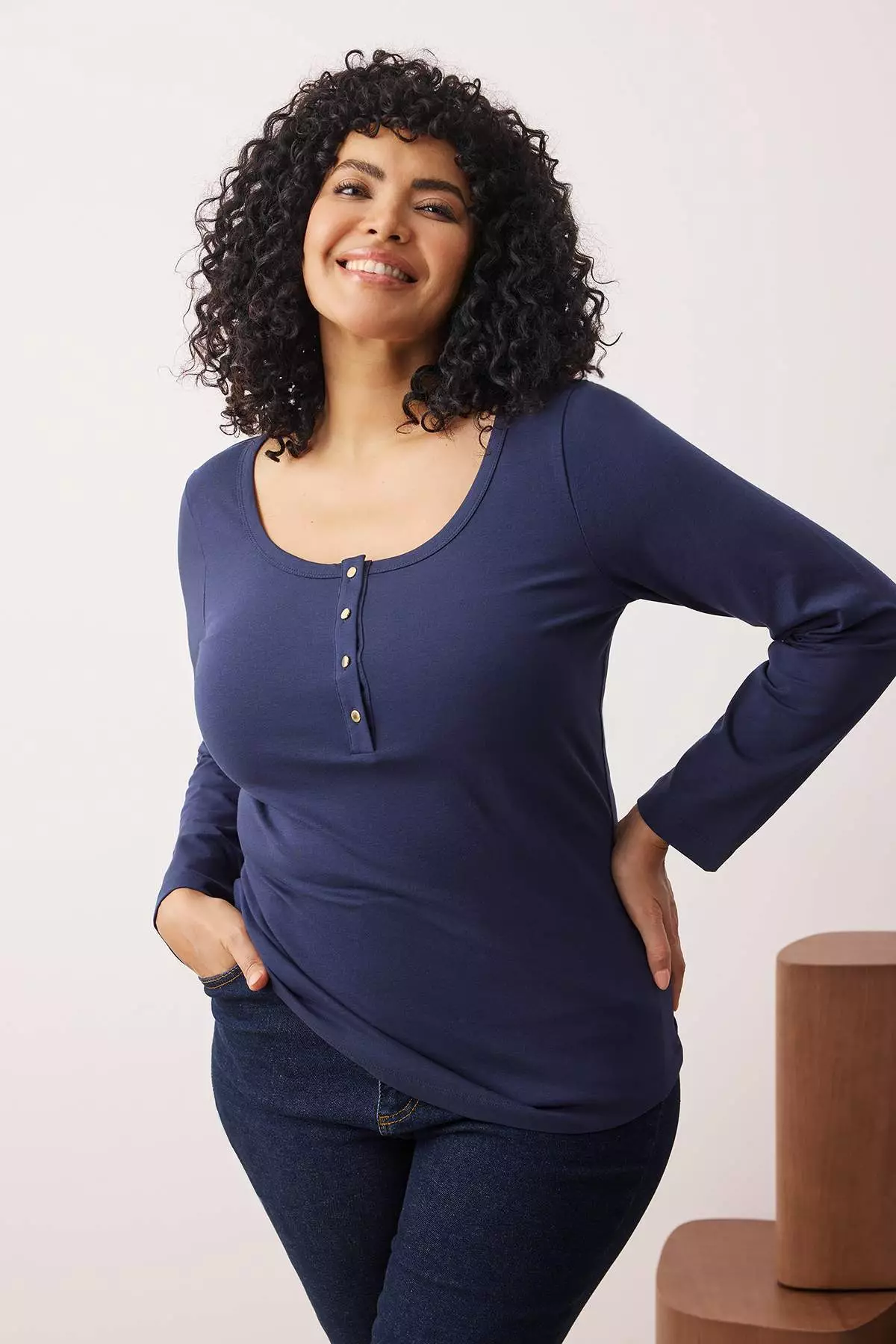 Navy Blue Knitted Body Fitting Button Detail Plus Size Blouse Tbbaw26Af00008