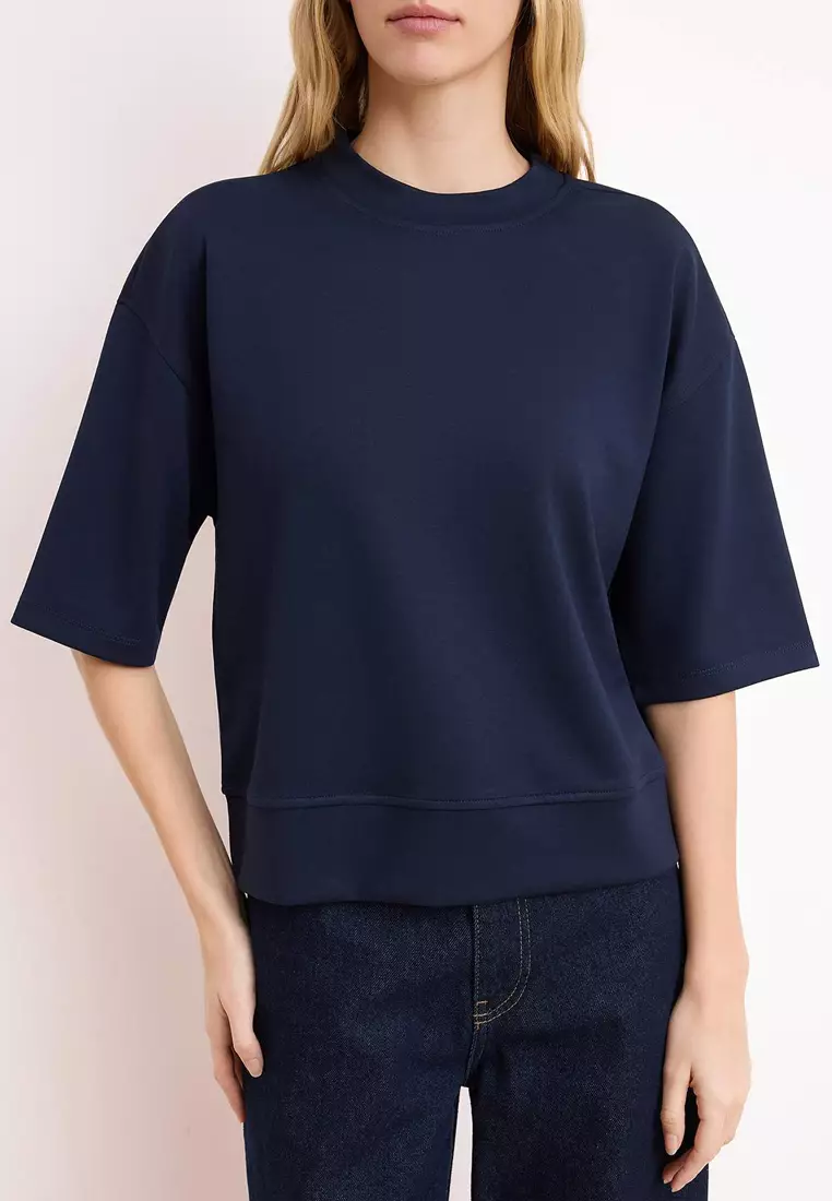 Navy Blue Oversize/Wide Fit Low Sleeve Three Quarter Soft Touch Knitted T-Shirt Twoss26Ts182