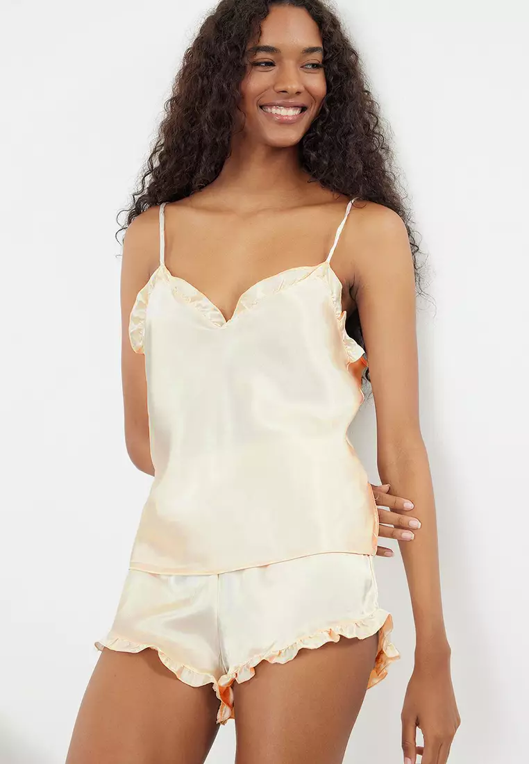 Ecru Frilled Rope Strap Satin Shorts Woven Pajama Set THMSS22PT0274