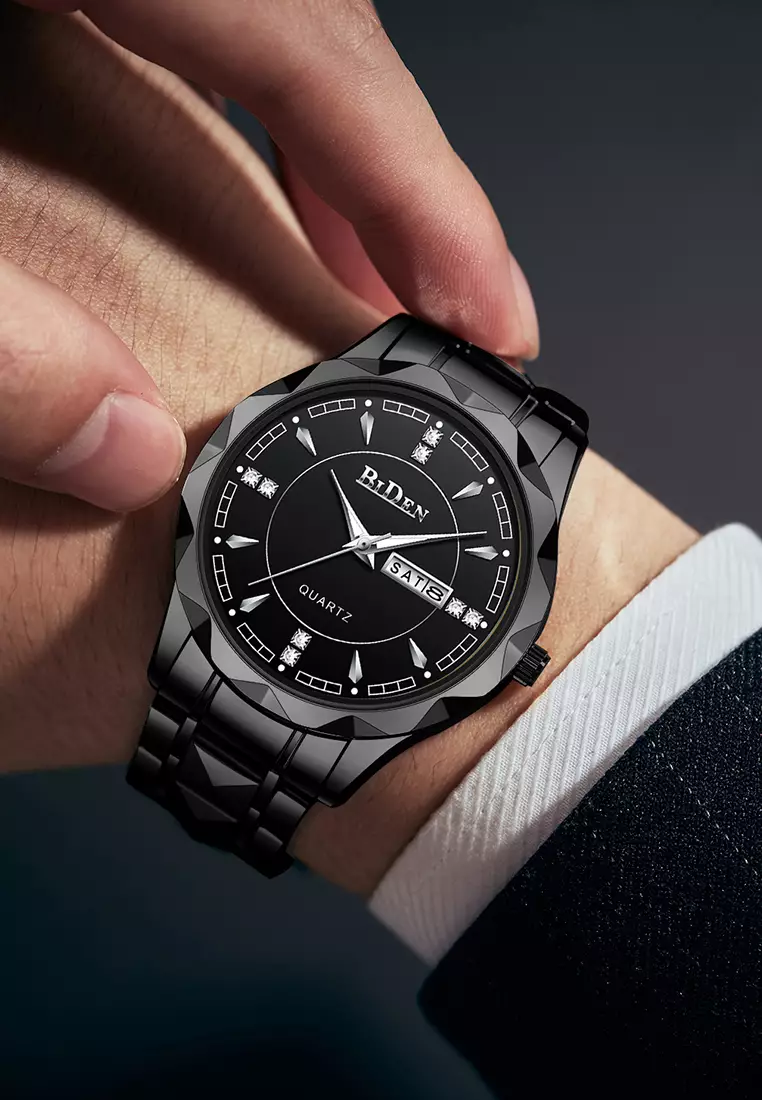 Jam Tangan Pria Anti Air Original Cowok Kalender Bercahaya Analog Luminous Stainless Steel Men Watch Hitam