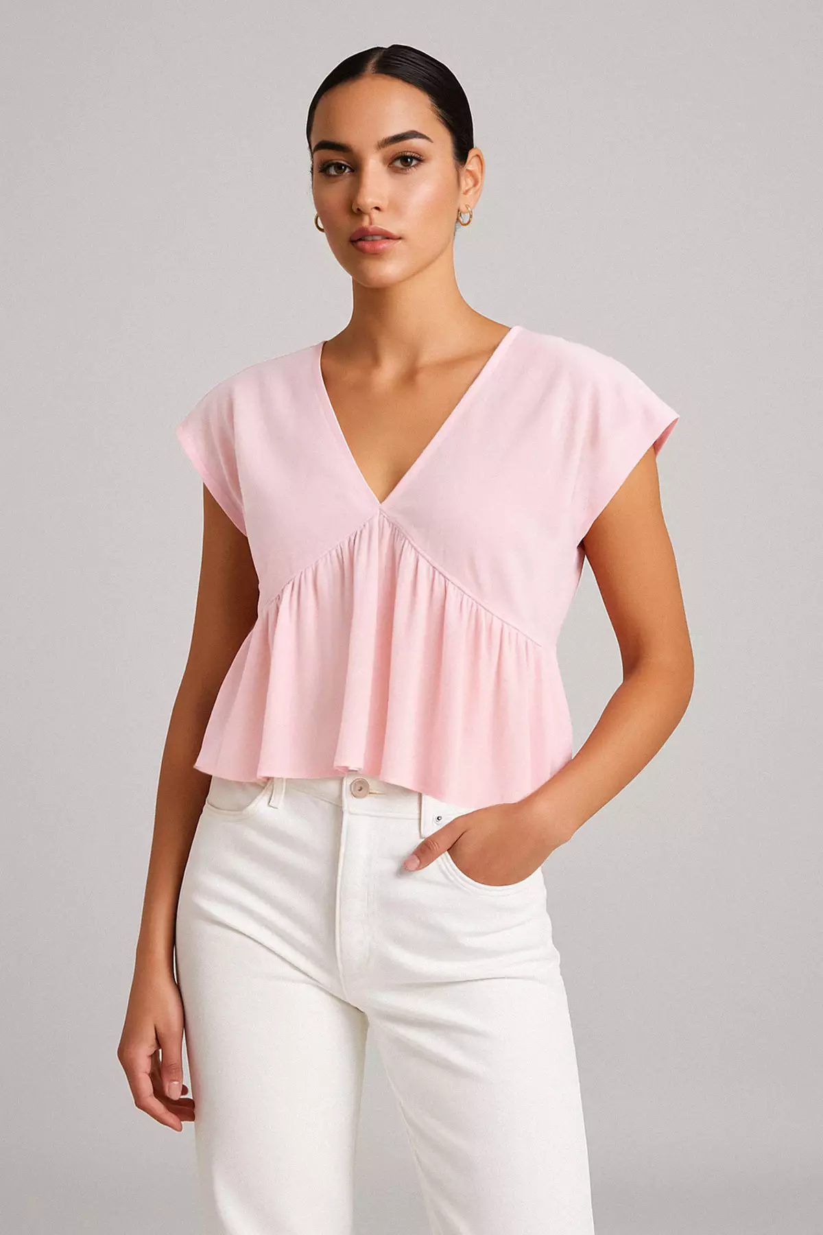 Pink V Neck Flowy Soft Button Blouse