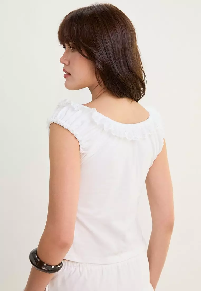Ruffle Trim Wide Neck Top - White