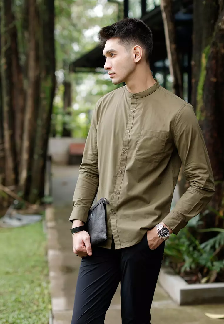 Oxcon Collarless Long Sleeve Business Shirt soft cotton Olive