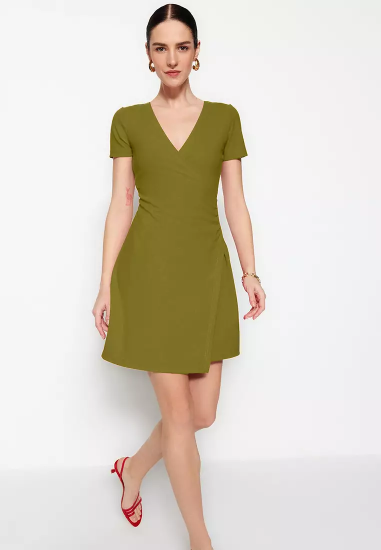 Oil Green Double Breasted Neckline A-Line Crepe Mini Smart Knitted Dress Twoss23El01703