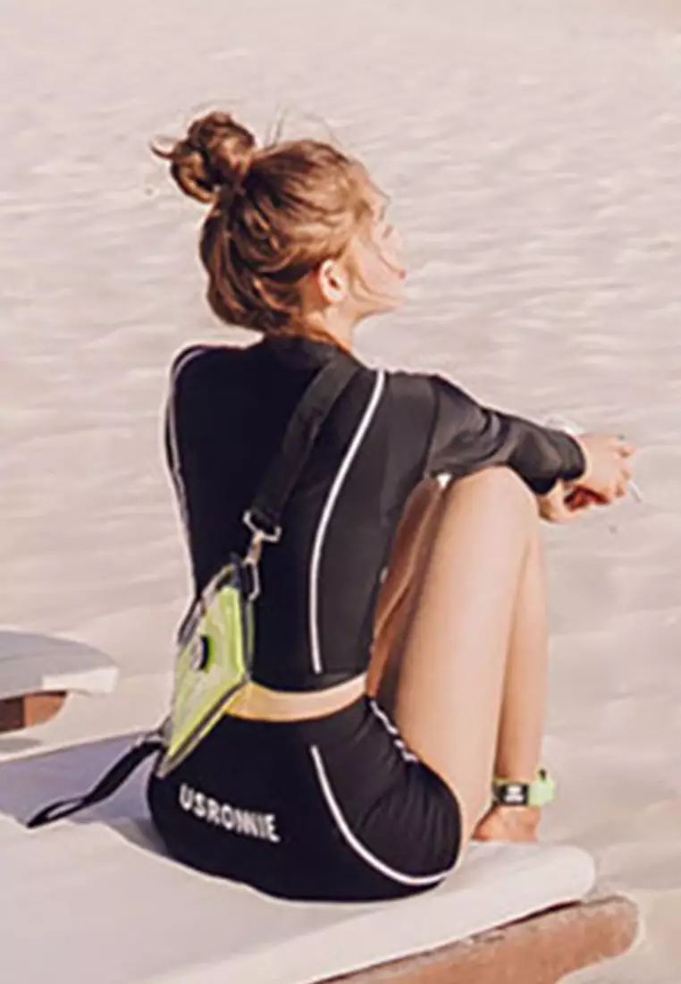 Conservative Long Sleeve Boxer High Waist Diving Split Swimsuit A22031727