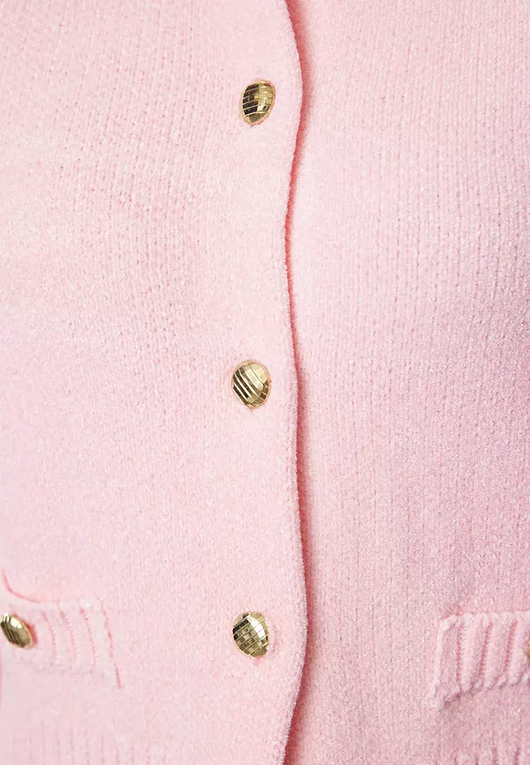 Pink Crop Premium Yarn/Special Yarn Pocket Detailed Jacket-Look Knitwear Cardigan TWOAW24HI00051