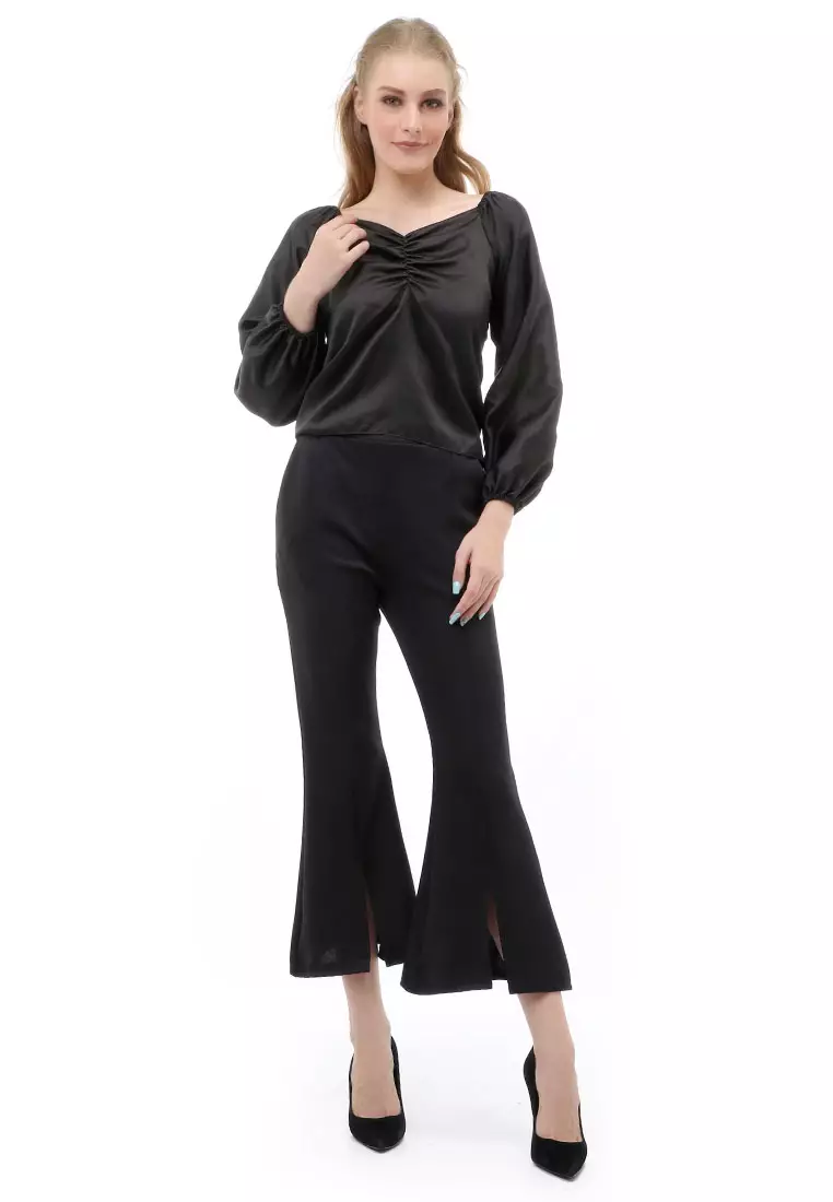 Cheva Blouse Casual Wanita Sabrina Kerut Dada Lengan Panjang Material Satin ORIGINAL - Black