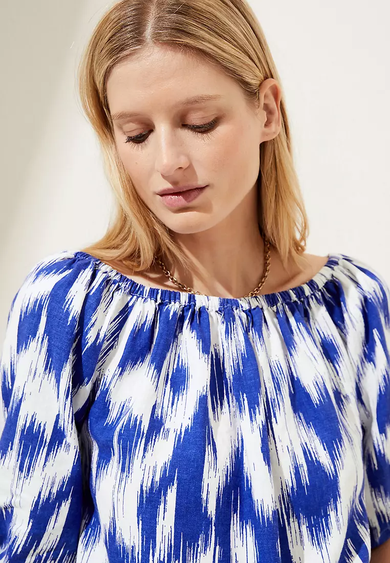 Linen Rich Printed Bardot Blouse