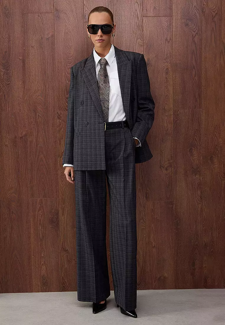 Plaid/Checked Oversize Woven Blazer Jacket Blazer Jacket