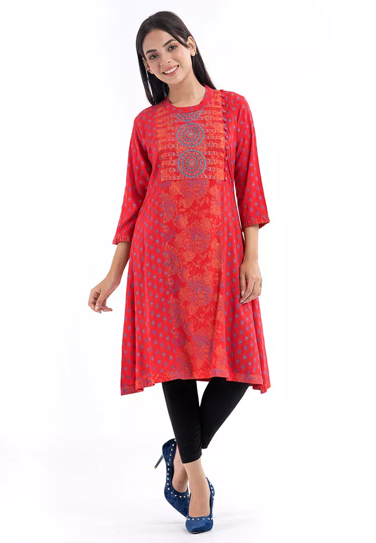 Le Reve Red Printed & Embellished Viscose Tunic