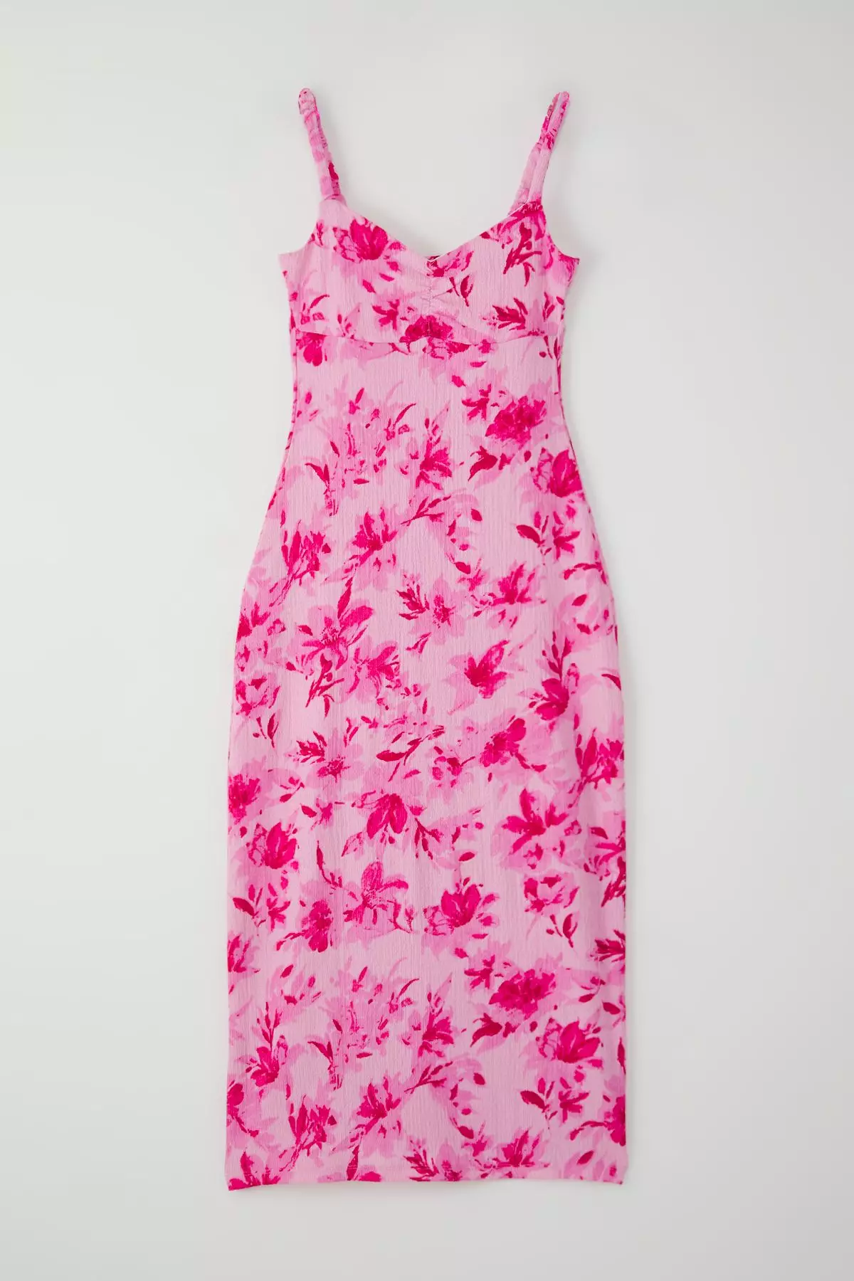 Pink Floral Printed Strappy V Neck Pleated Body-hugging Flexible Maxi Knit Dress TWOSS25EL00474