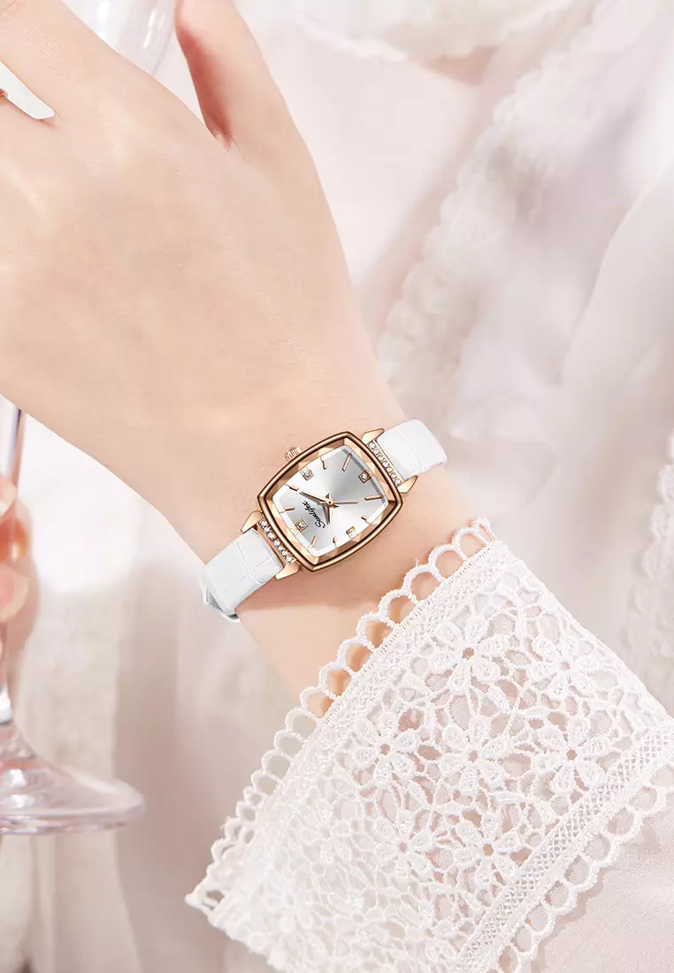 Jam Tangan Wanita 8006 Kuarsa Wanita Tali Kulit Berlian Jam Tangan Cewek Original white