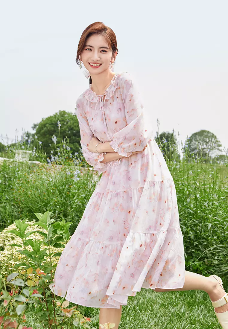 Ruffled Collar Waist Tie up Floral Midi Dress