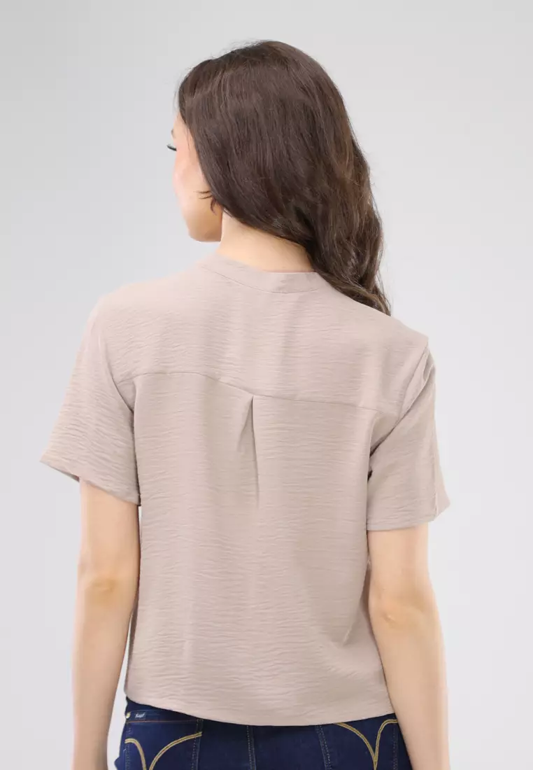 Linen Wrinkles Short Sleeves Chinese Collar Blouse