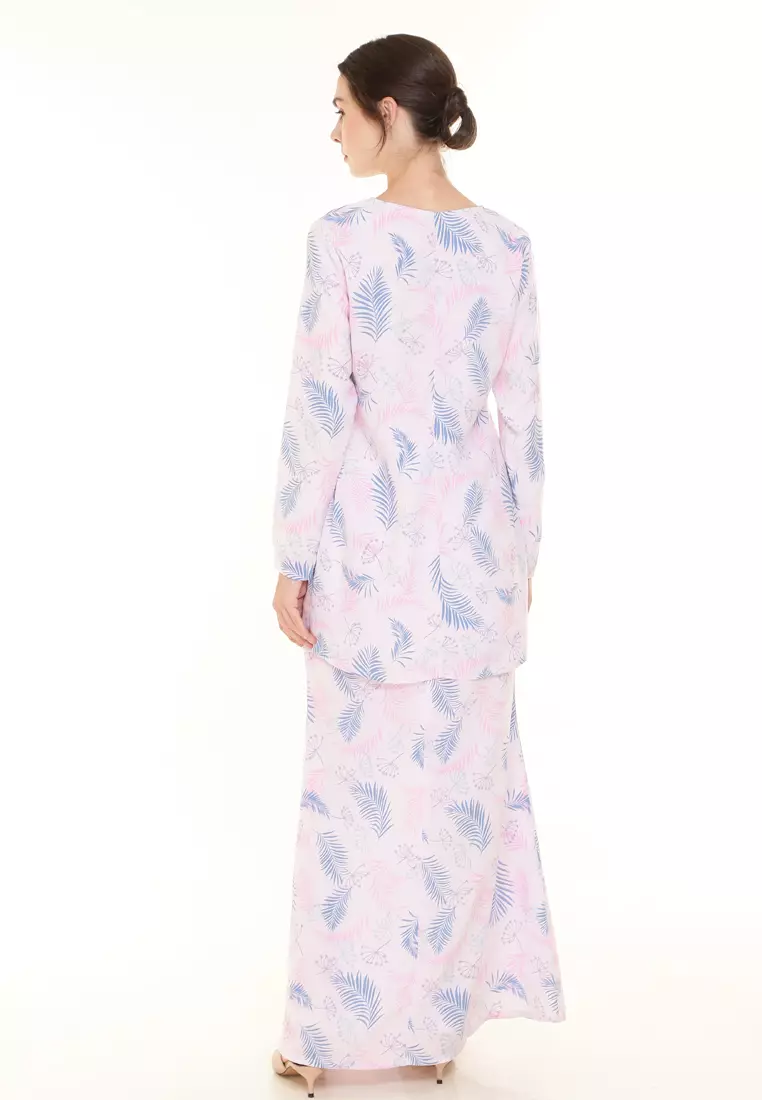 Rina Printed Kurung in Pink Lilac Leaf