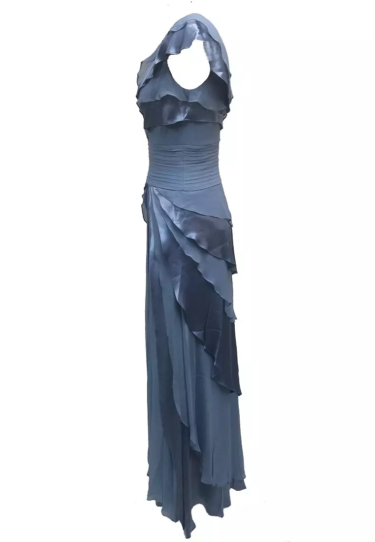 Tiered Chiffon Satin V-neck Cape Sleeve Evening Gown