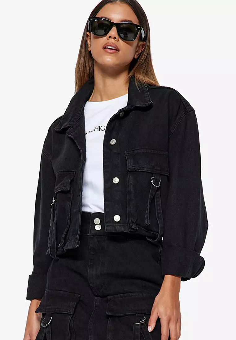 Black cropped denim jacket zara hotsell