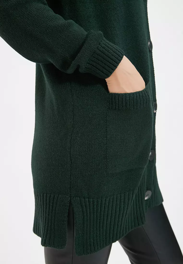 Dark Green V-Neck Long Knitwear Cardigan with Pocket Detail with Buttons