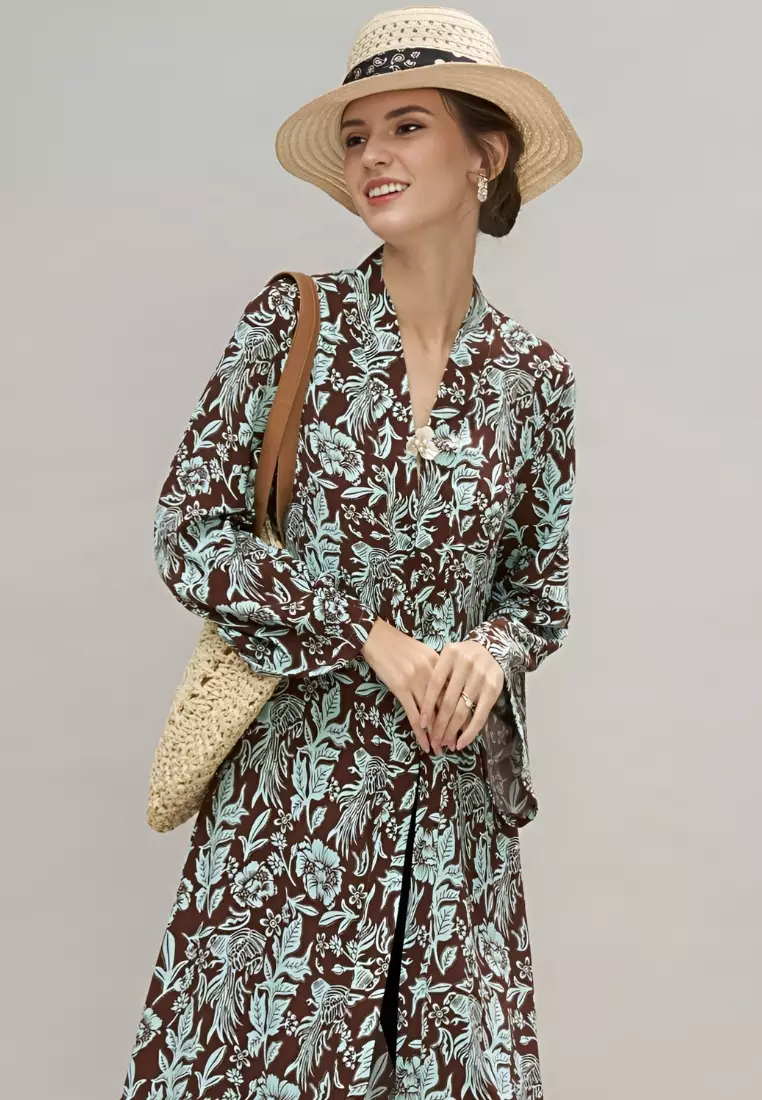 Teal Brown Floral Modern Abaya with Free Flower Brooch