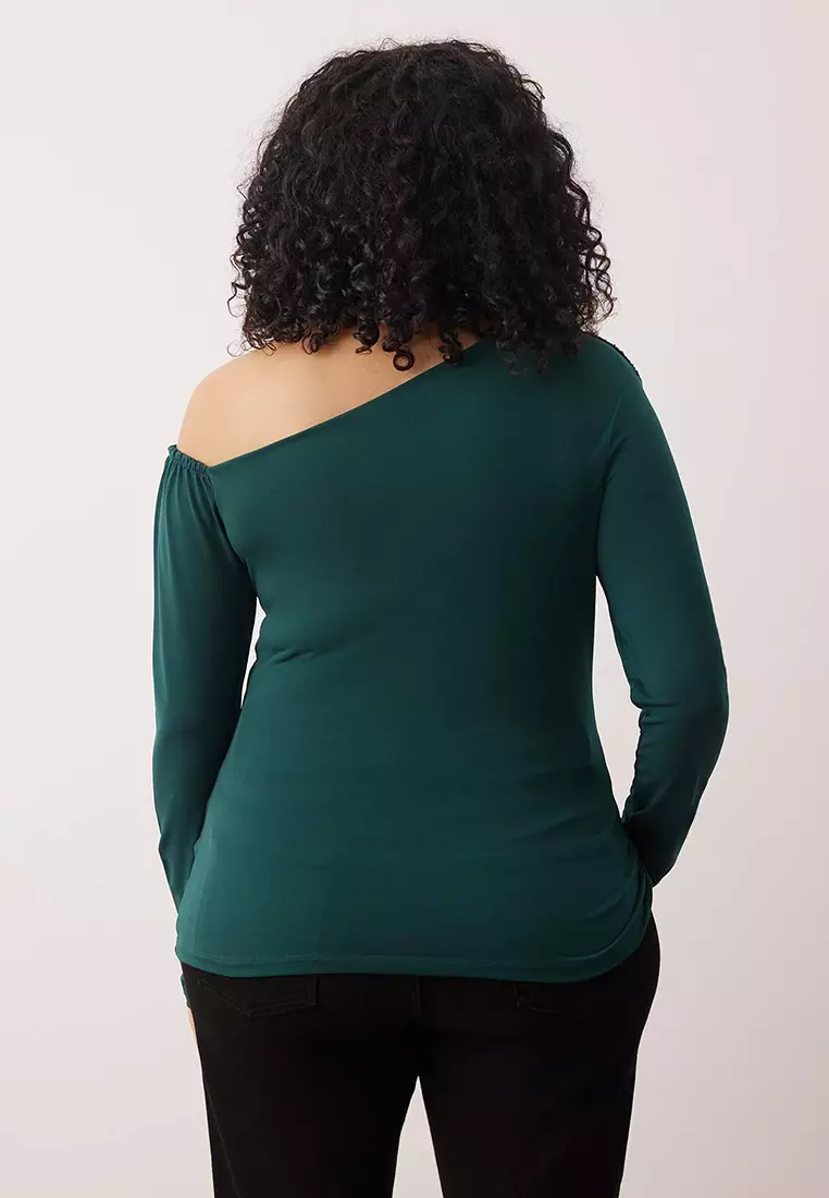 Emerald Green Gathered One Shoulder Knitted Plus Size Blouse Tbbaw25Af00013
