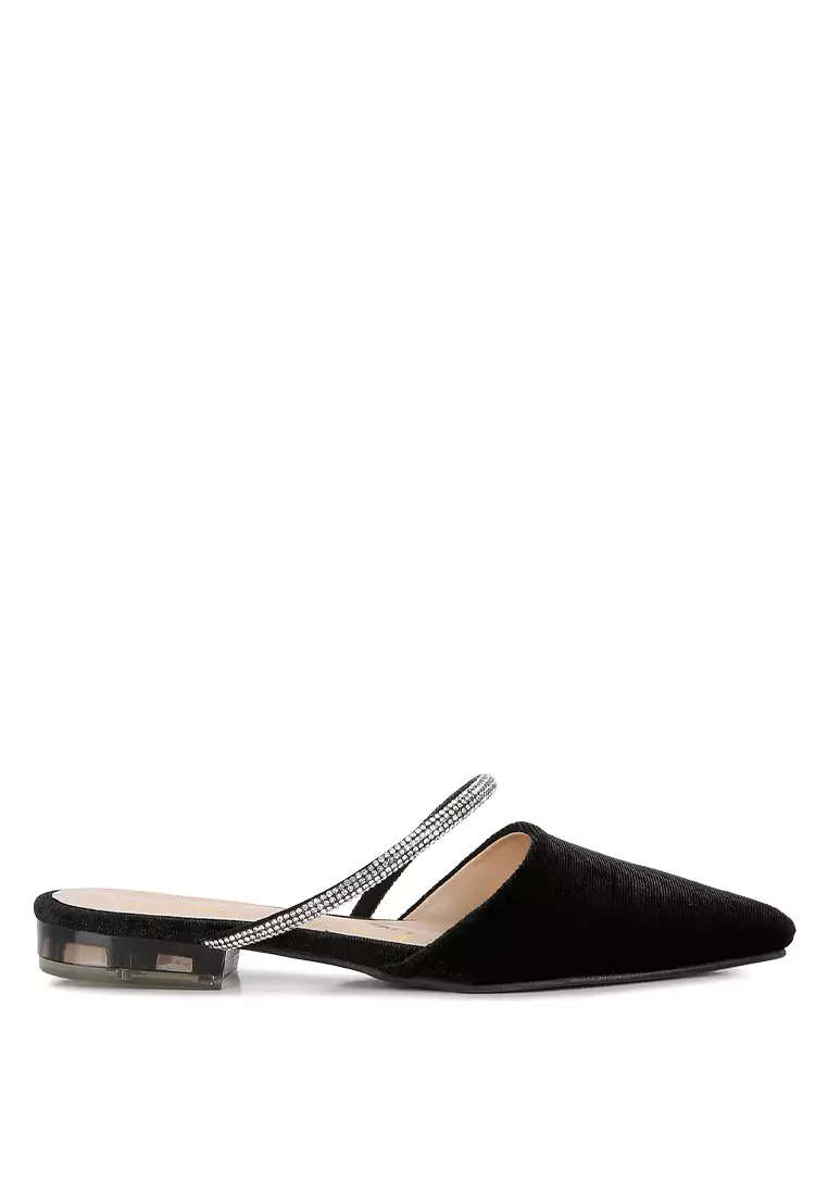 Buy London Rag Black Velvet Diamante Detail Flat Mules 2024 Online