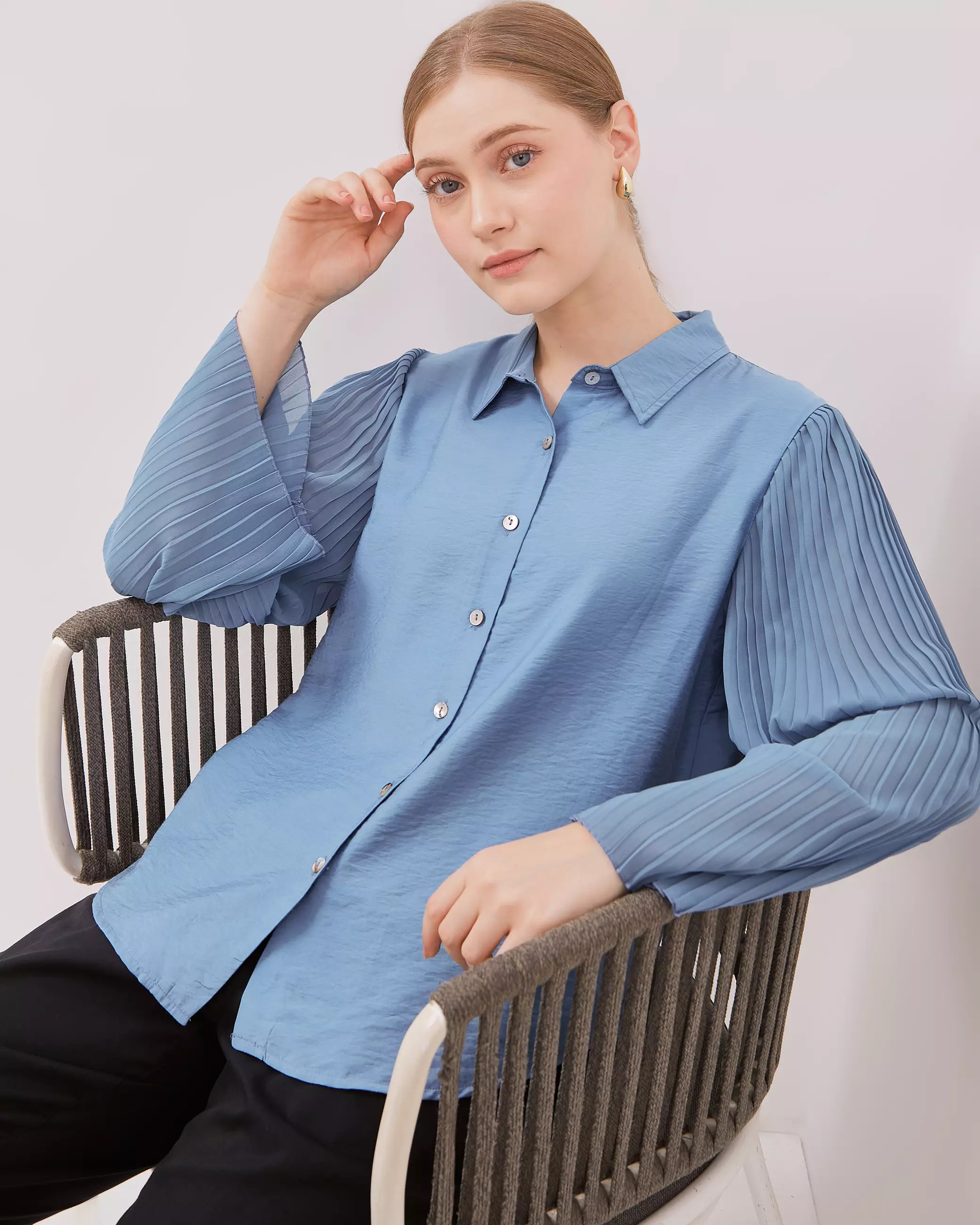 Urban Exchange Molly Blue Blouse - Atasan Blouse Wanita Lengan Panjang Warna Blue