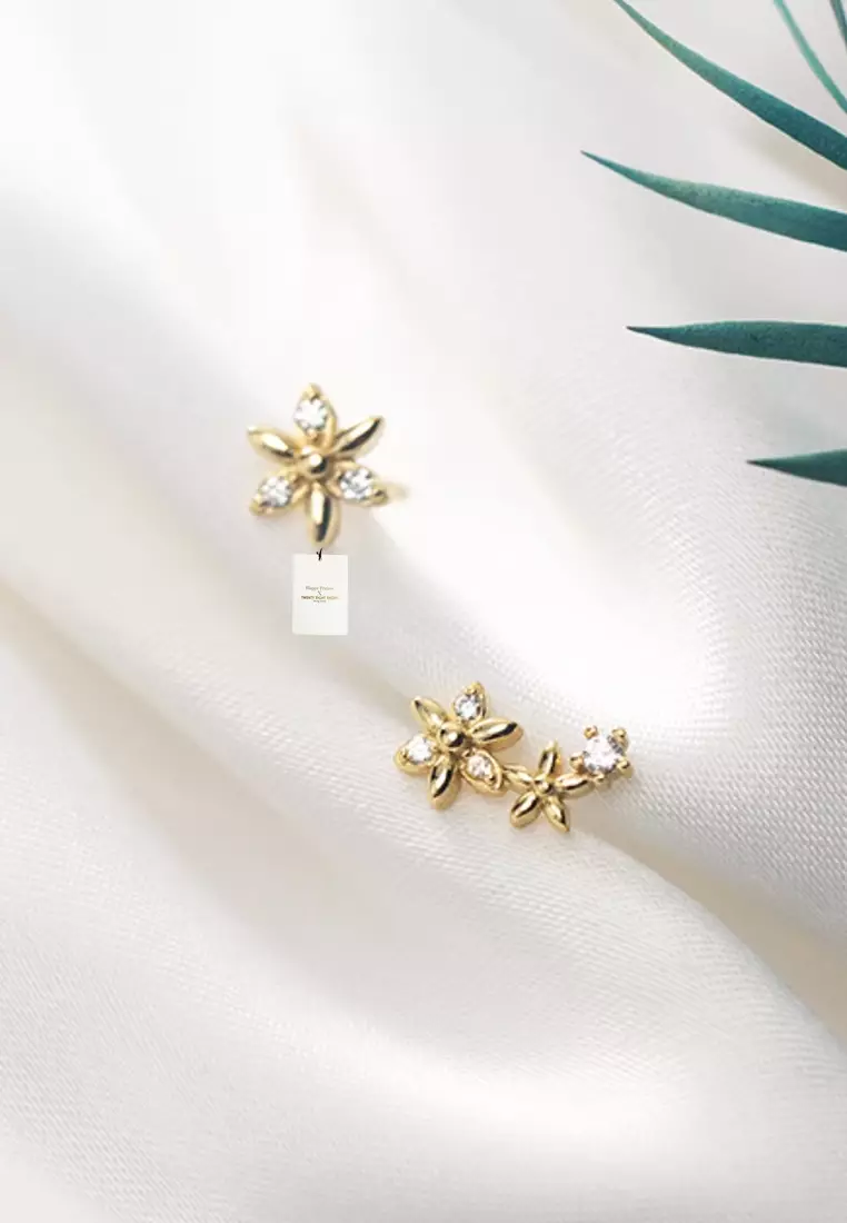 925 Silver Plated Gold Zircon Floral Asymmetric Earrings JW AR-G6378