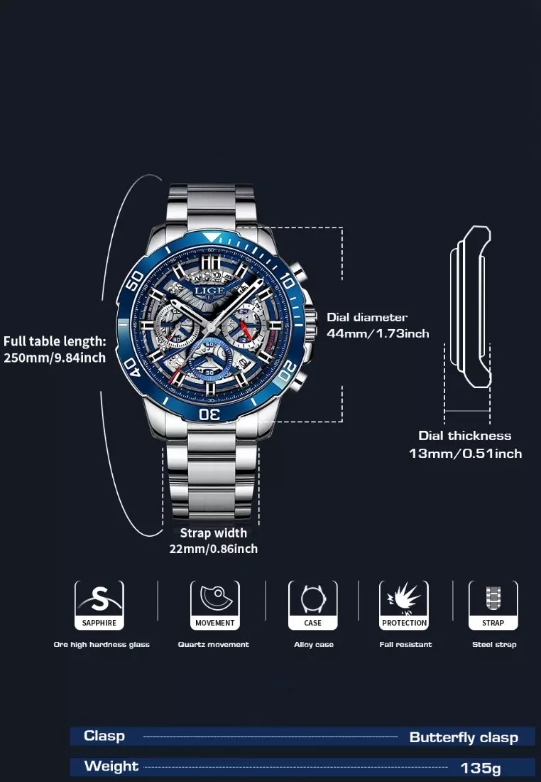 Chronograph Unisex Stainless Steel Quartz Watch, 45mm, Blue Bezel, Skeleton dial on Steel Bracelet