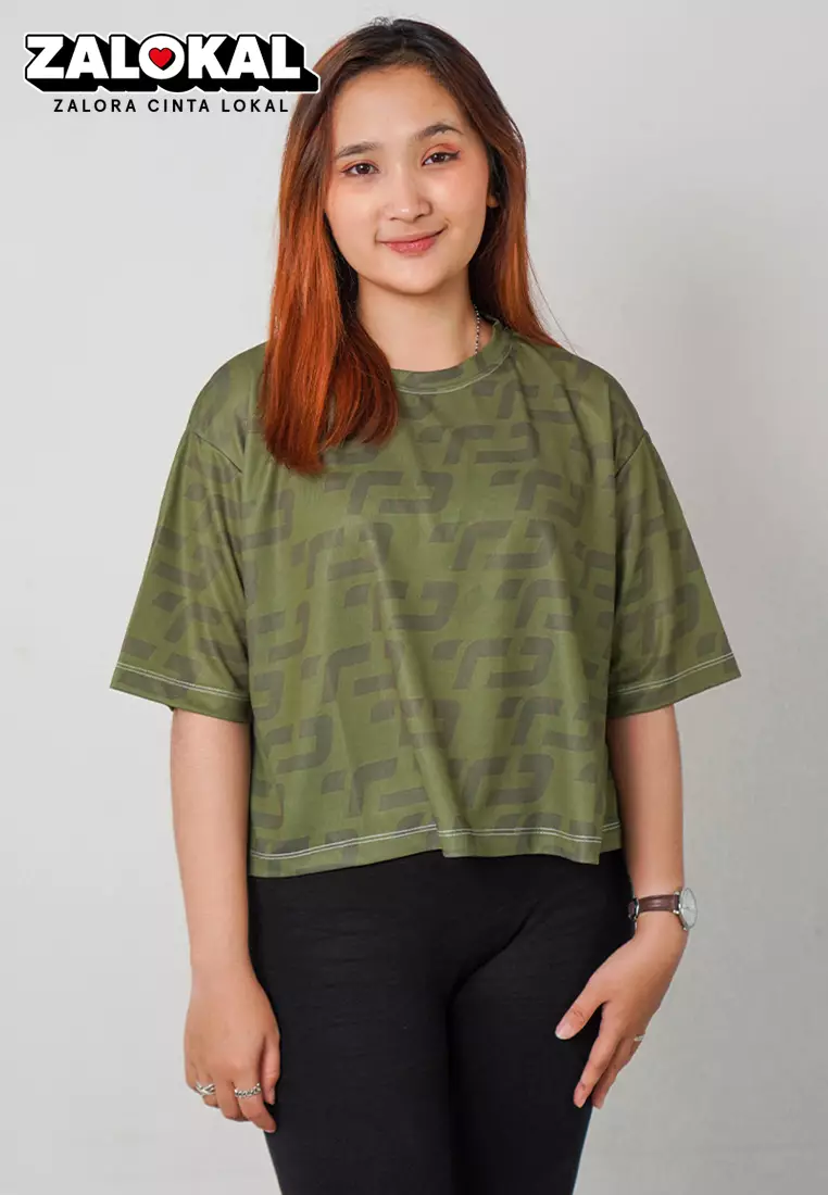 LSB35 baju olahraga wanita crop top oversize big size dry fit gym aerobic poundfit olive hijau tua