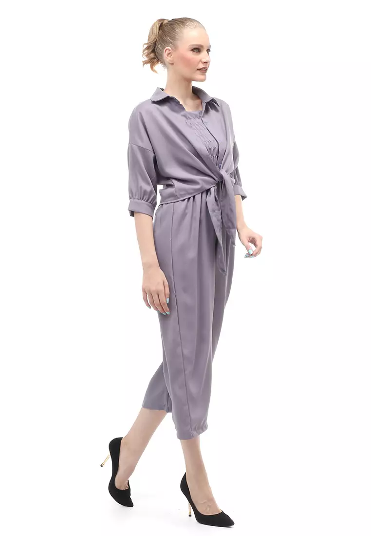Jumpsuit Wanita Casual Motif Solid Setelan Relaxed Fit - Abu