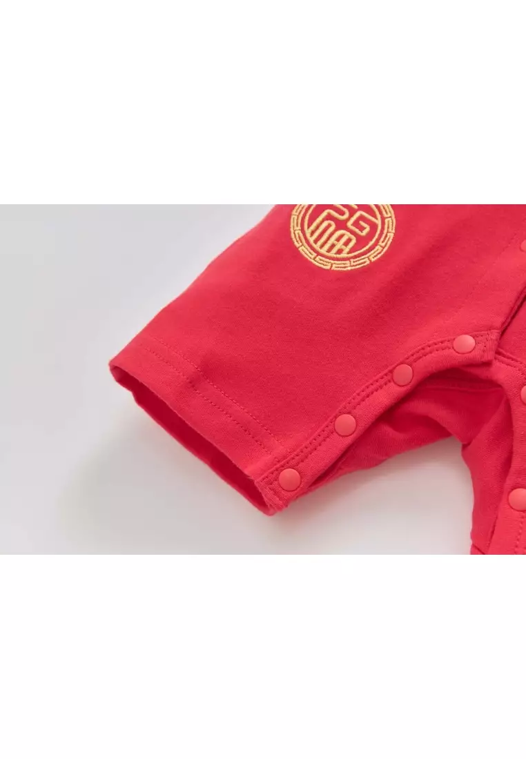 嬰兒紅色唐裝漢服連體衣如意鎖拜年服