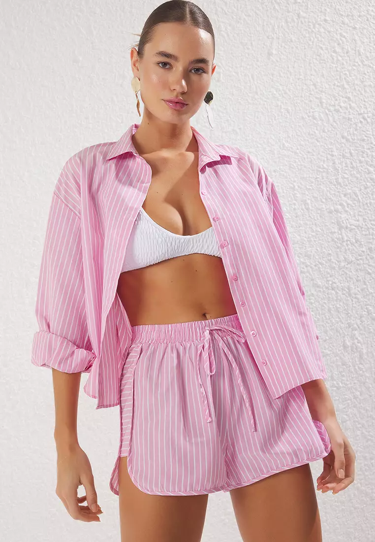 Pink Striped Shirt Shorts Beach Set