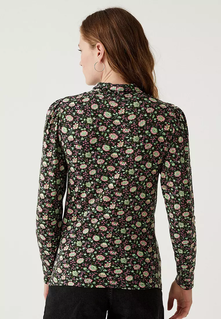 Jersey Floral Funnel Neck Long Sleeve Top