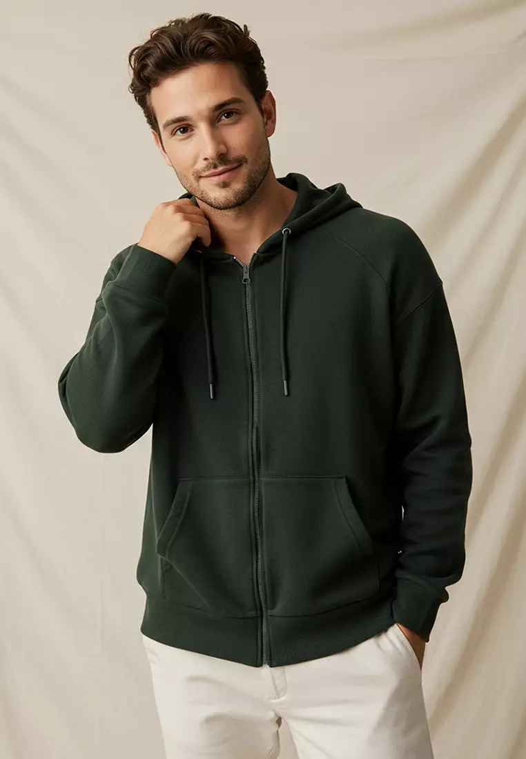 Dark Green Oversize/Wide Cut Zippered Basic Non-Raising Sweatshirt-Cardigan