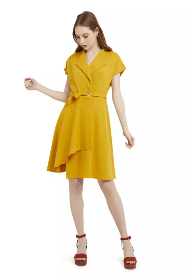 Mini Dress Kasual Lengan Pendek Collar Neckline Baju Wanita Regular Fit - Mustard