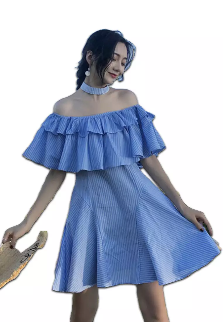 Sunnydaysweety New Blue Striped Pattern Off Shoulder One Piece Dress  CA062905BL. 2024, Buy Sunnydaysweety Online