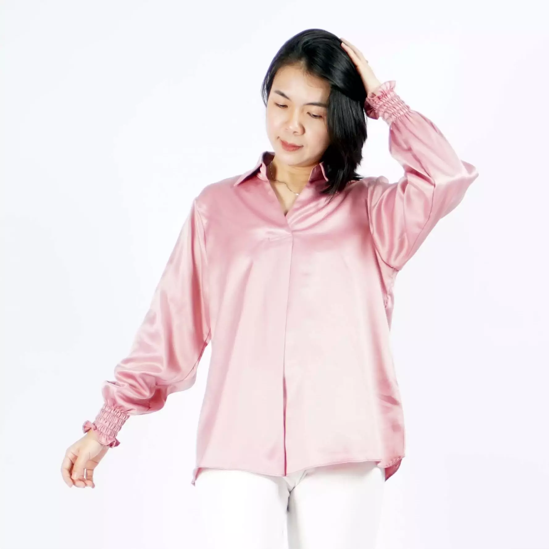 SAFIRE Top Satin Blouse Satin Gaya Korea Blus Elegan Krah V - Dusty Rose