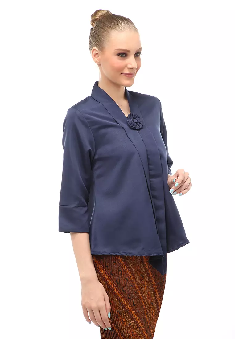 Elvia Kebaya Atasan Wanita Lengan Panjang Design Casual - Navy