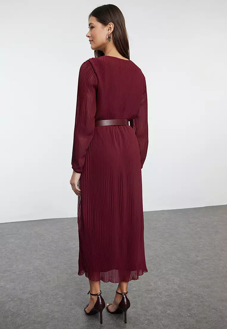 Burgundy Belted A-Line Pleated Maxi Lined Chiffon Woven Dress TWOAW24EL00471