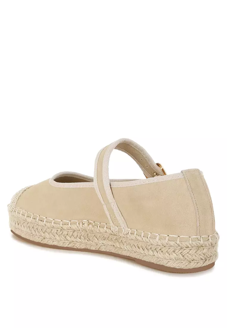 Soft Suede Leather Mary Jane Espadrilles In Beige
