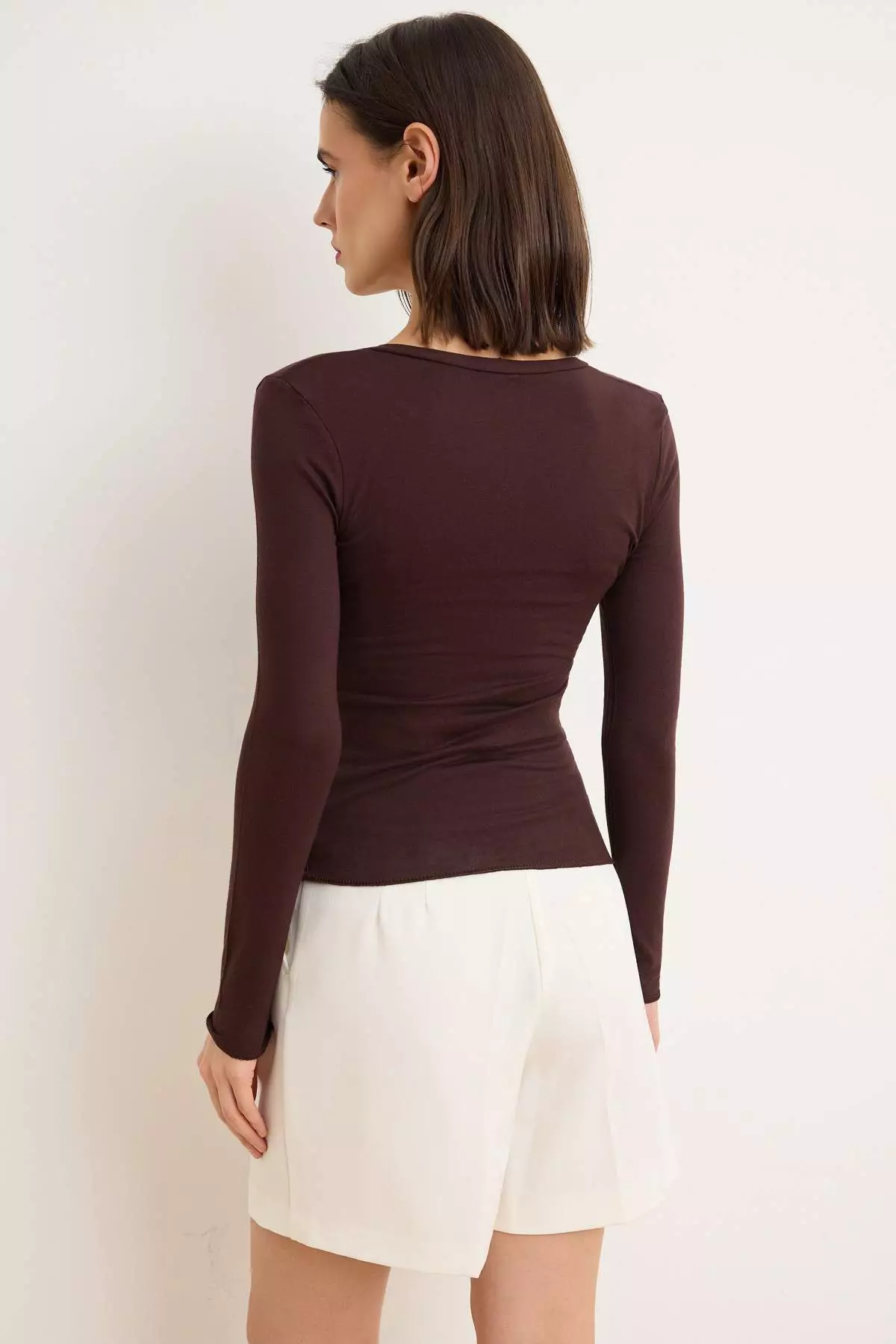 Brown Fitted/V-Neck Long Sleeve Cotton Rib Knit Knitted Blouse Twoss26Bz743