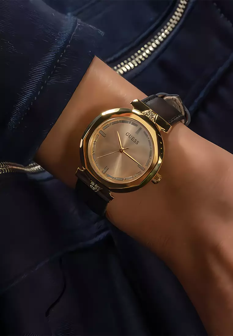 Guess Ladies Watch Rumour Jam Tangan Analog Wanita - Gold Case Black Leather Strap - GW0689L2