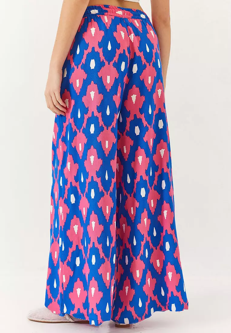 Women's Patterned Elastic Waist Laced Pocket Viscose Casual Palazzo Pants 60261435