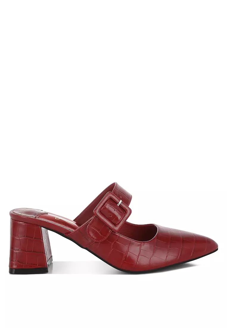 Discount on London Rag  shoes - SKU: Croco Buckle Strap Detail Mules In Dark Red