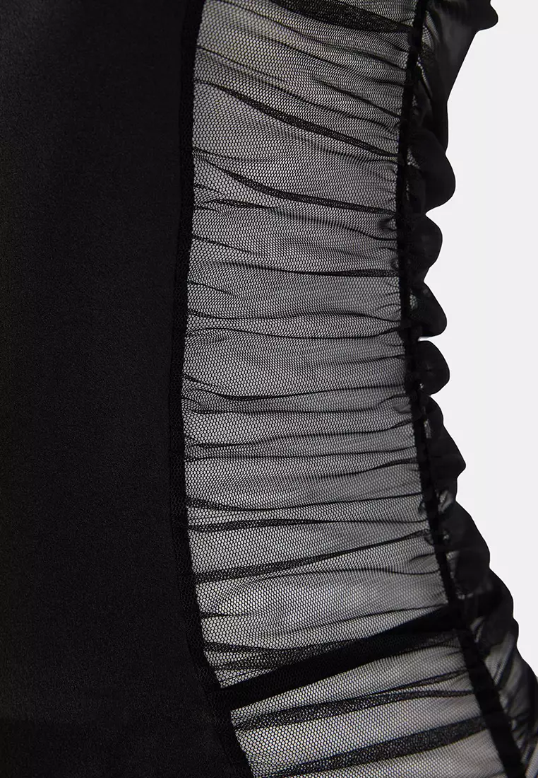 Black Garterless Satin And Tulle Back Sheer Panty Babydoll/Fantasy Nightgown