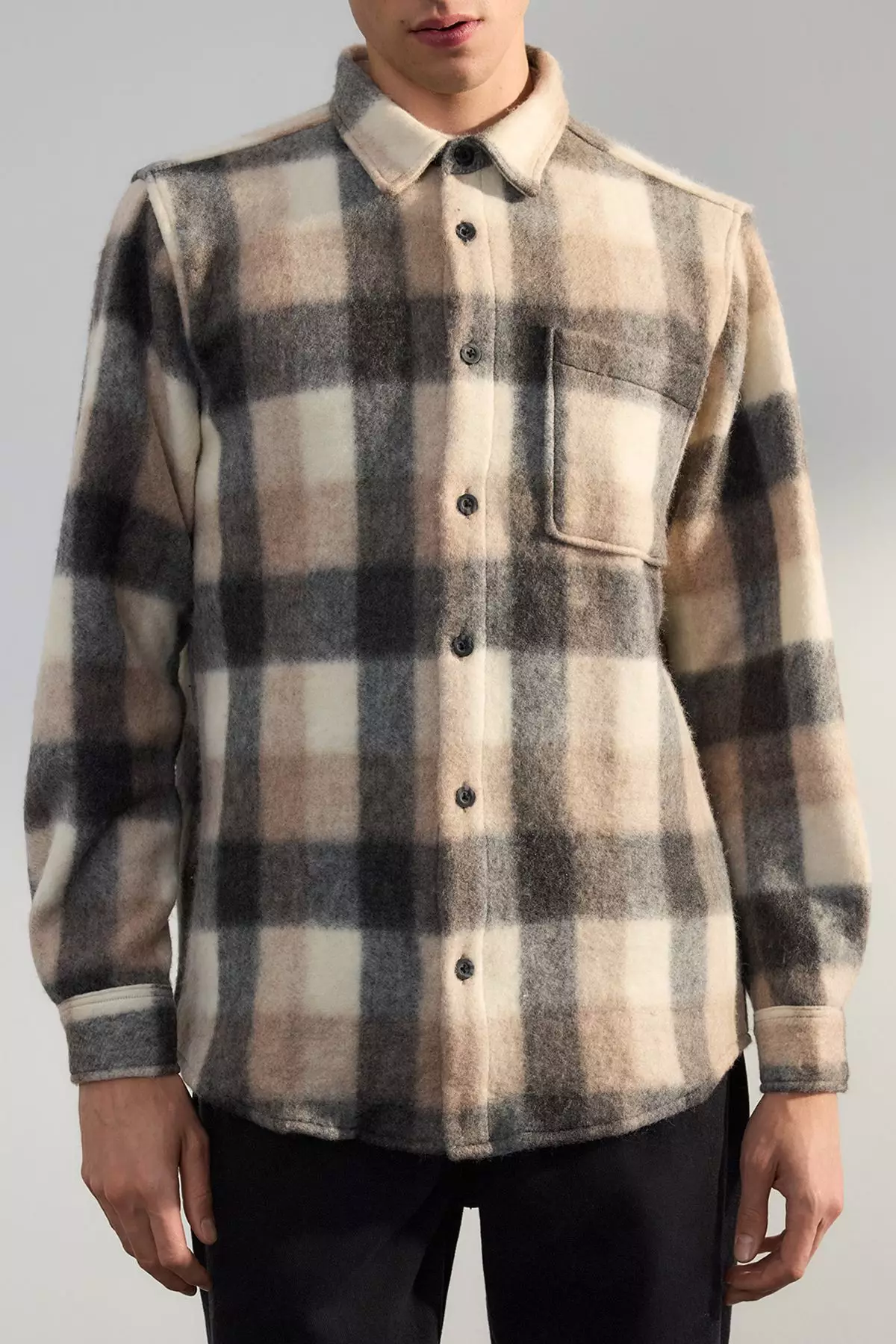 Beige Unisex Regular Fit Winter Plaid Lumberjack Shirt Jacket TMNAW25GO00026
